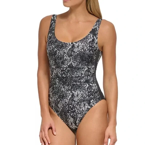 DKNY  Mesh Side Inserts Ruched Waist One Piece Swimsuit Size 4 - Picture 3 of 7